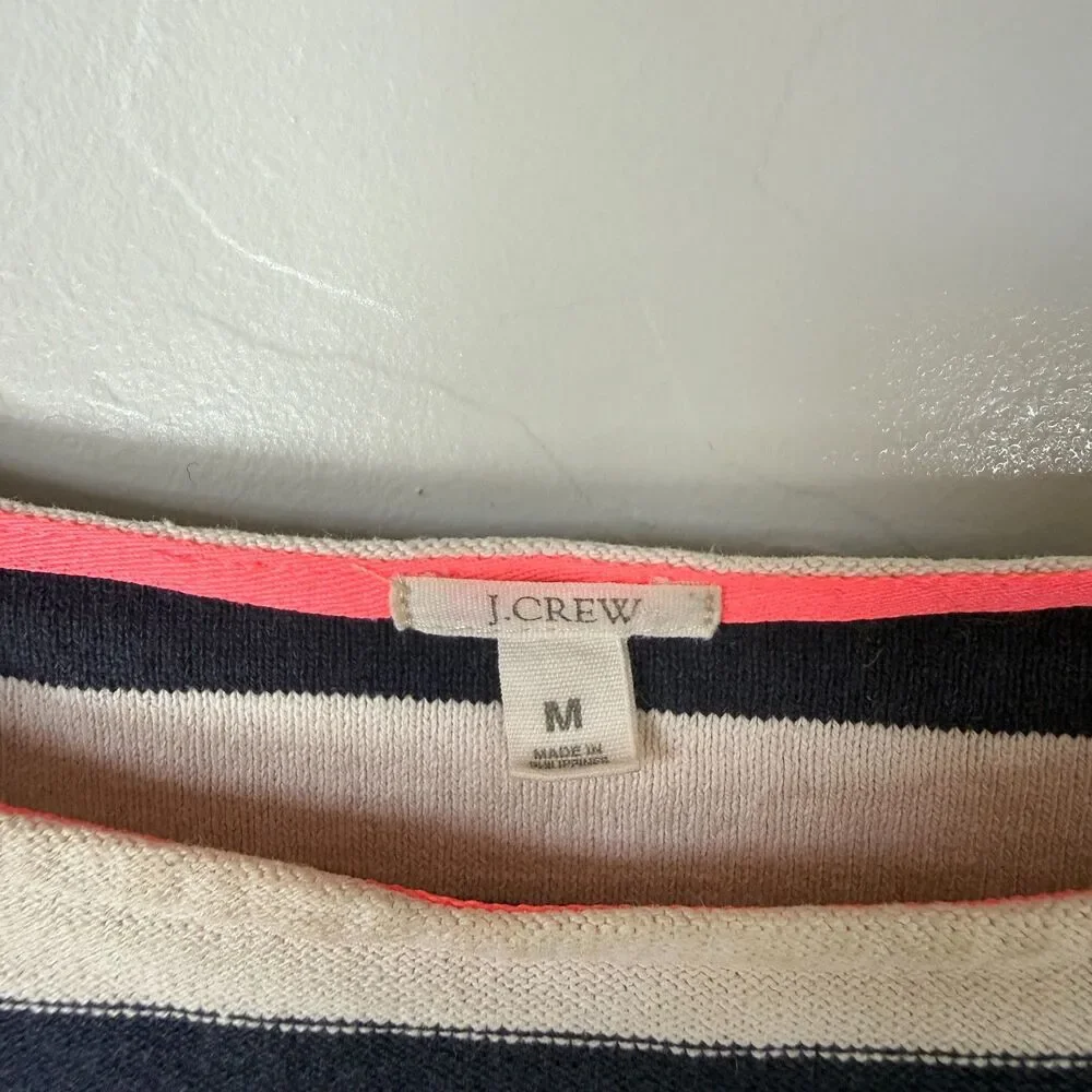 J.Crew Women's M Striped Boatneck Top Cream Navy 3/4 Sleeve Neon Pink Trim Knit